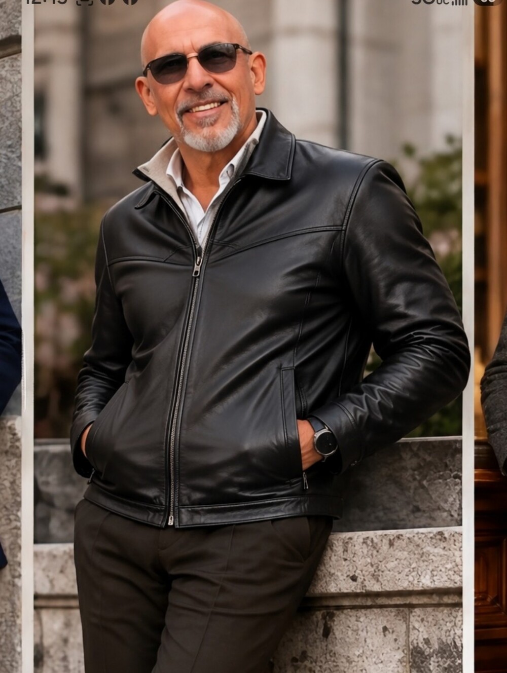 Men's Black Leather Jacket - Classic Zip Front